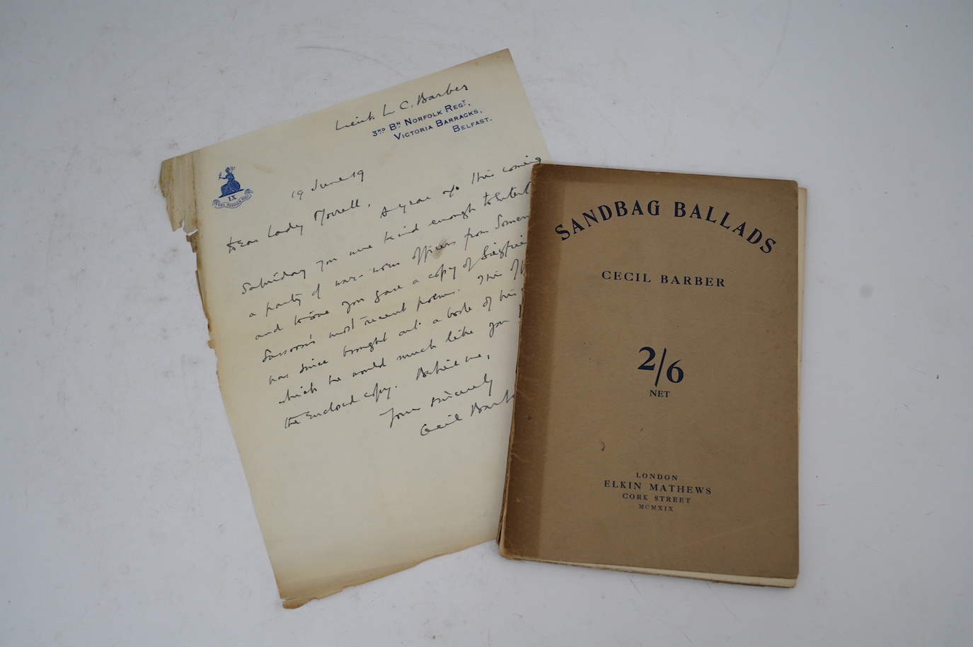 Letter from First World War soldier Leonard Cecil Barber on Norfolk Regiment headed paper, to Lady Ottoline Morell (1873-1938), best known as hostess at Garsington